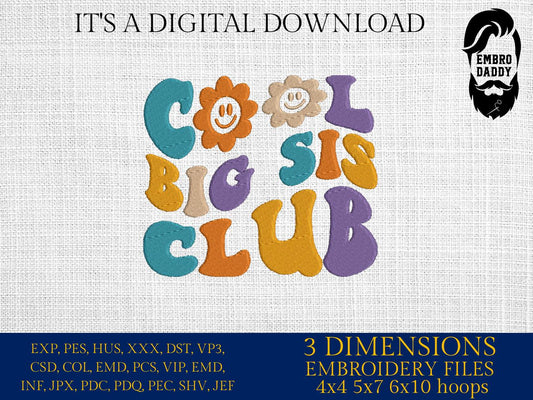 Machine Embroidery files, Cool Big Sis Club, Cool Big Sis Club, Big Sis, Big Sis To Be, Wavy, dst PES, xxx, hus & more
