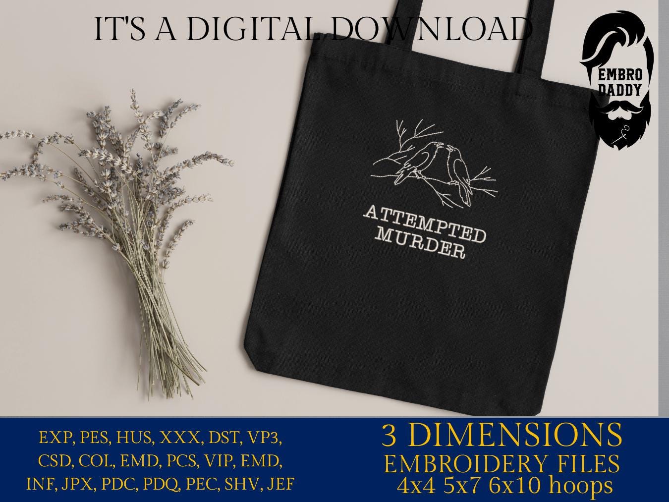 Machine Embroidery files, Attempted Murder, Murder of Crows, Pun, Funny, Spooky Bird Puns, PES, DST, xxx, hus & more
