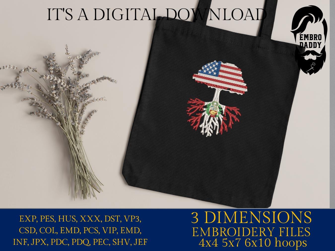 Machine Embroidery files, USA Tree Peru roots, PES, xxx, hus, dst & more