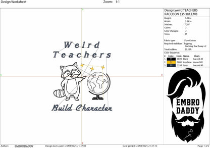 Machine Embroidery files, Weird Teachers Build Character, Funny Raccoon Design, Funny Teacher, Best Teacher, PES, xxx, hus & more