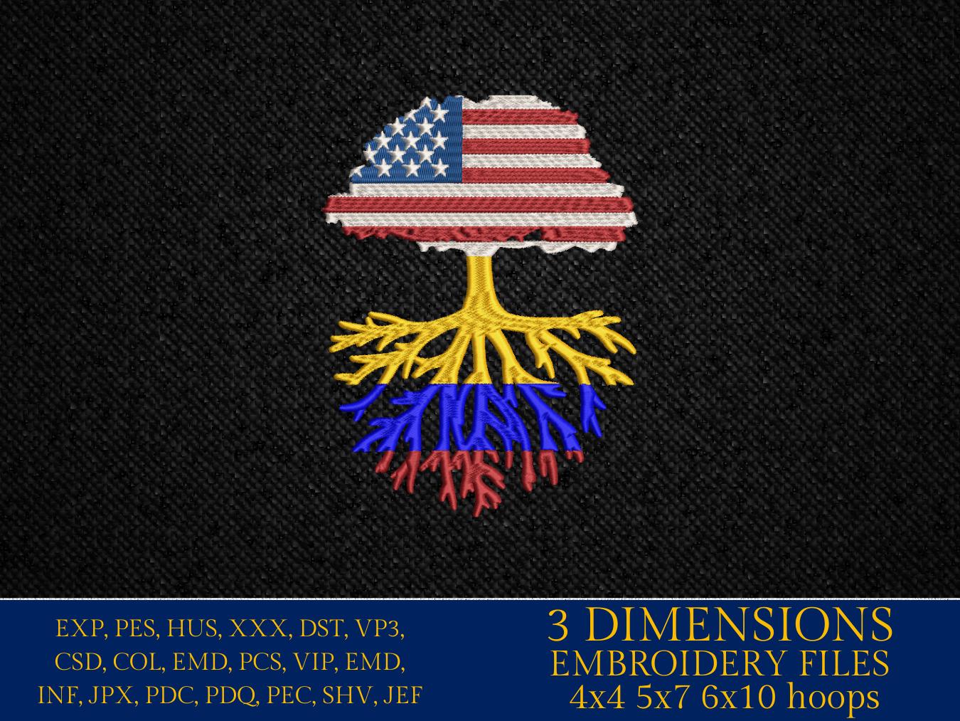 Machine Embroidery files, USA Tree Colombia roots, PES, xxx, hus, dst & more