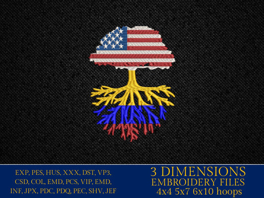 Machine Embroidery files, USA Tree Colombia roots, PES, xxx, hus, dst & more