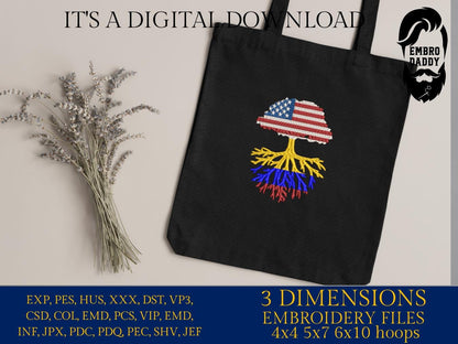 Machine Embroidery files, USA Tree Colombia roots, PES, xxx, hus, dst & more