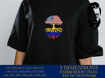 Machine Embroidery files, USA Tree Colombia roots, PES, xxx, hus, dst & more