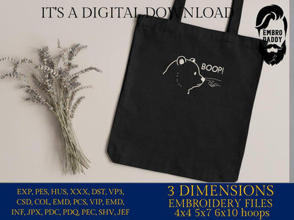 Machine Embroidery files, Boop! Bear Finger Touching Nose, Papa Bear, Black Bear, Funny Meme, PES, xxx, hus & more