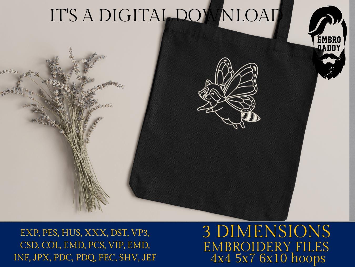 Machine Embroidery files, Adorable Raccoon, Animal, Hybrid Butterfly Wings, Forest Animals, Fairy, PES, DST, xxx, hus & more