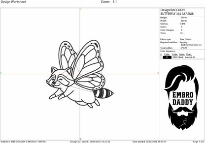 Machine Embroidery files, Adorable Raccoon, Animal, Hybrid Butterfly Wings, Forest Animals, Fairy, PES, DST, xxx, hus & more