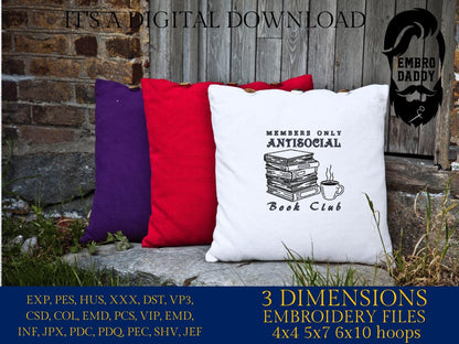 Machine Embroidery files, Anti Social Book Club, Introverted Reader, Bookish, Vintage Romance, Book Lover DST, PES, xxx, hus & more