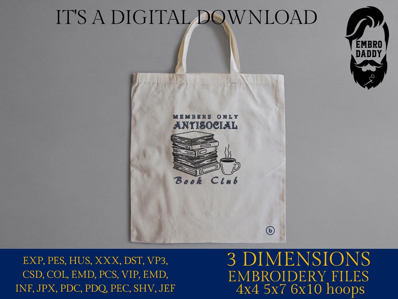 Machine Embroidery files, Anti Social Book Club, Introverted Reader, Bookish, Vintage Romance, Book Lover DST, PES, xxx, hus & more