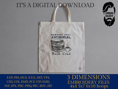 Machine Embroidery files, Anti Social Book Club, Introverted Reader, Bookish, Vintage Romance, Book Lover DST, PES, xxx, hus & more