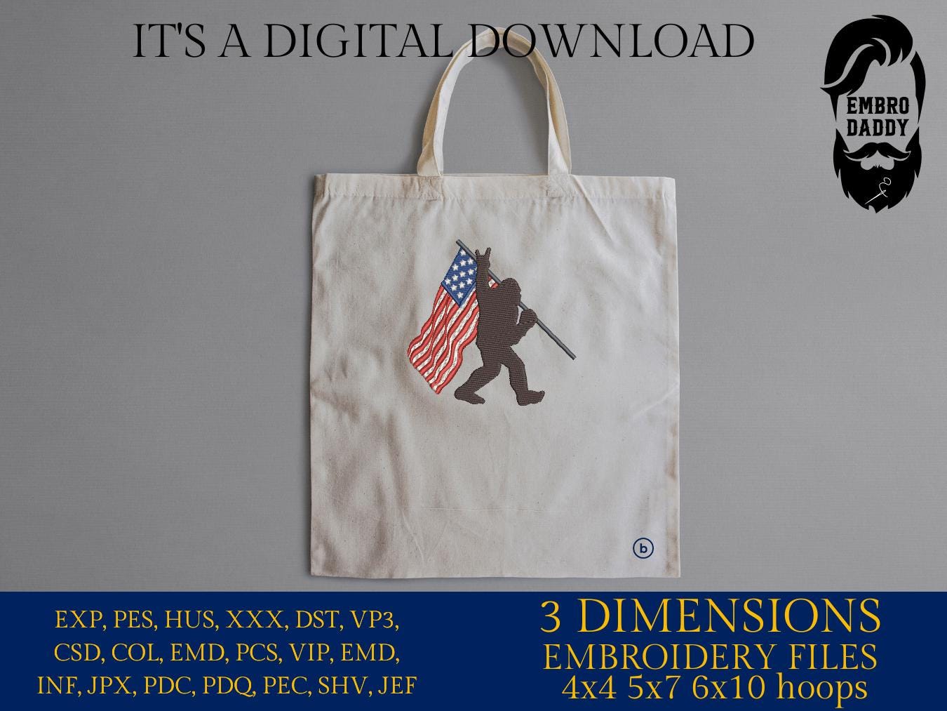 Machine Embroidery files, Bigfoot USA flag, US flag, Bigfoot Design, PES, xxx, hus & more