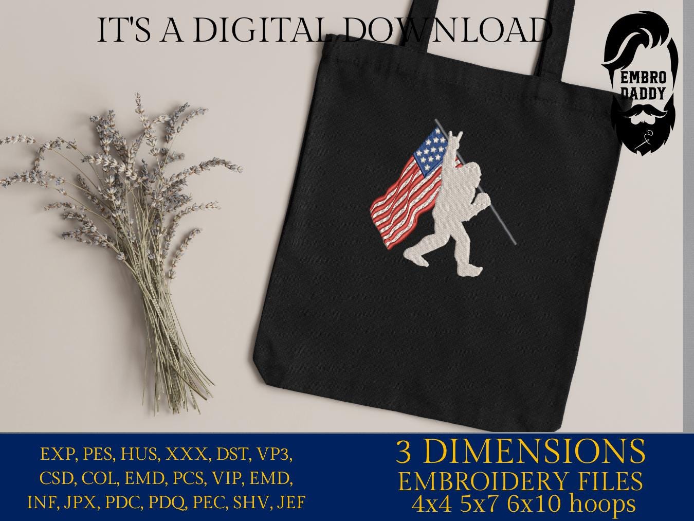 Machine Embroidery files, Bigfoot USA flag, US flag, Bigfoot Design, PES, xxx, hus & more
