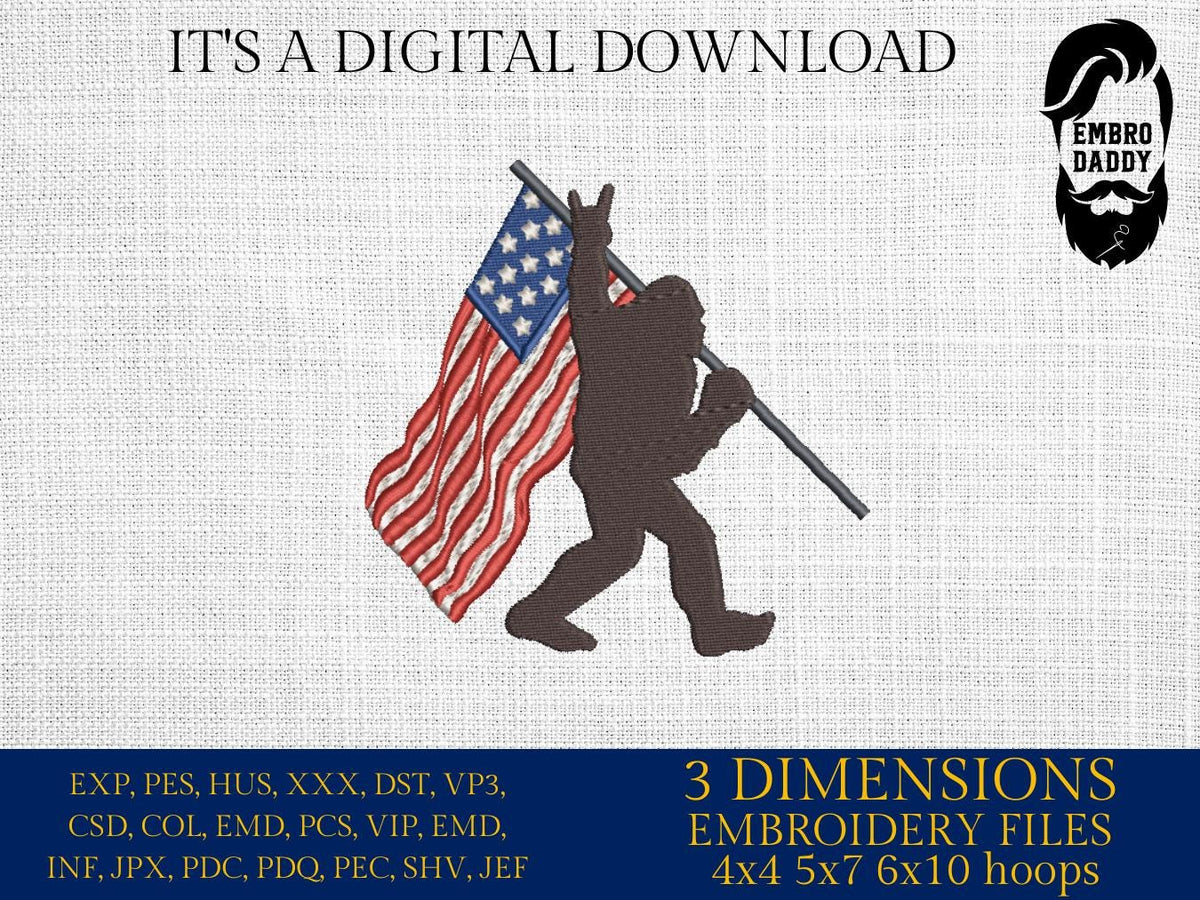 Machine Embroidery files, Bigfoot USA flag, US flag, Bigfoot Design, PES, xxx, hus & more