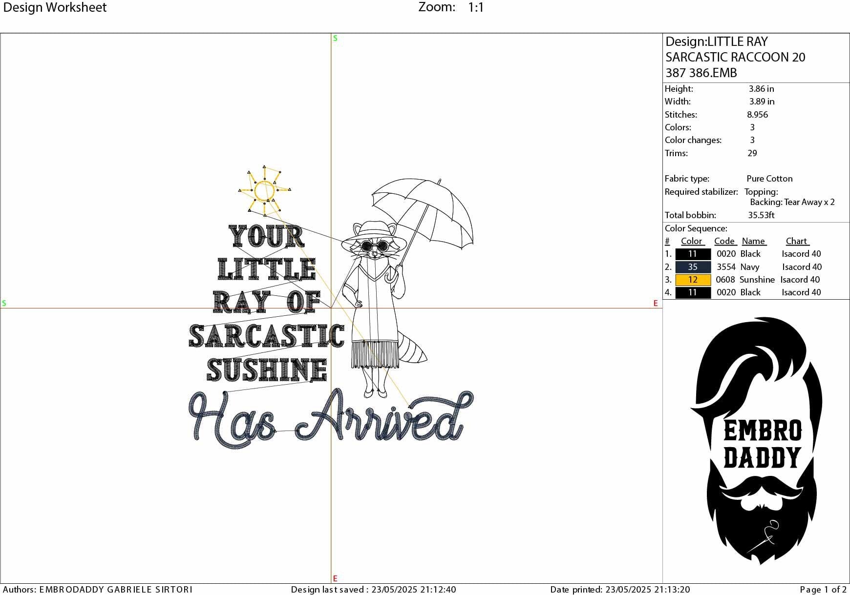 Machine Embroidery files, your little ray of Sarcastic sunshine has arrived, funny, raccoon, Sarcastic, Sassy Meme, PES, DST, xxx & more