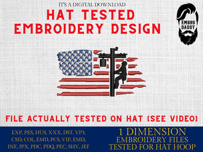 Machine Embroidery files, USA flag Lineman, embroidery file digitize for hat, American Flag PES, xxx hus & more