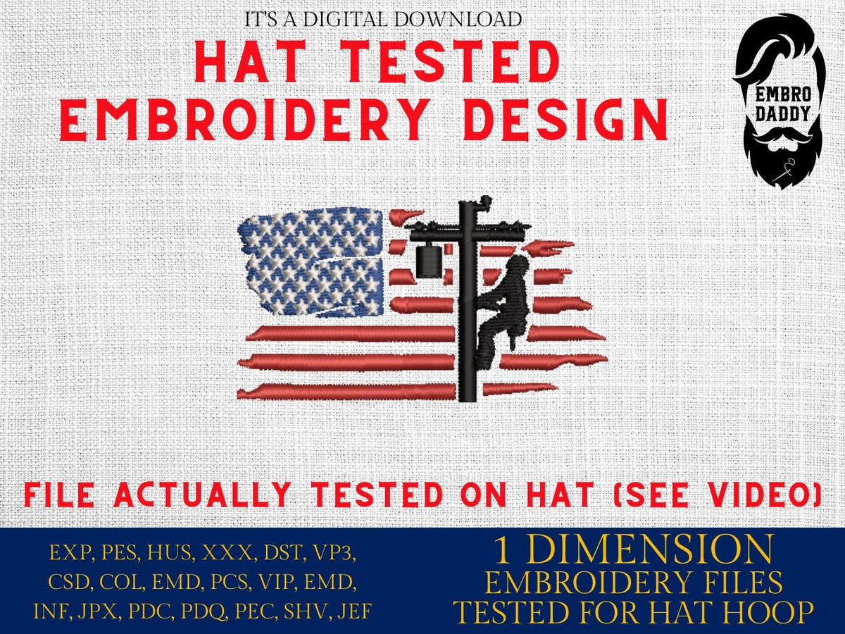 Machine Embroidery files, USA flag Lineman, embroidery file digitize for hat, American Flag PES, xxx hus & more
