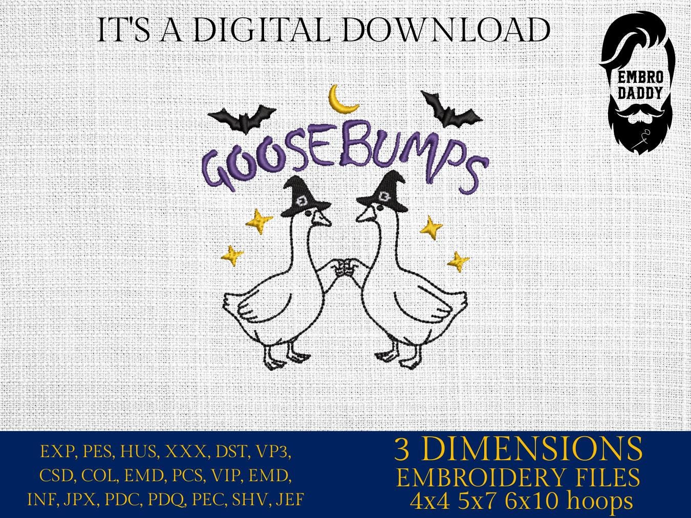 Machine Embroidery files, goose bump, Goosebumps, Halloween, Geese Witches, Fall, Funny, Magical Wizard Goose, PES, DST, xxx, hus & more