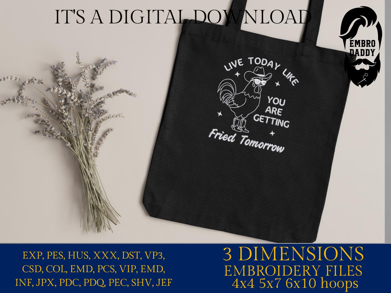 Machine Embroidery files, Live Today Like Fried Tomorrow, Funny, Sarcastic, Self Care ,Western, Rooster, Farmhouse DST, PES, xxx, hus & more