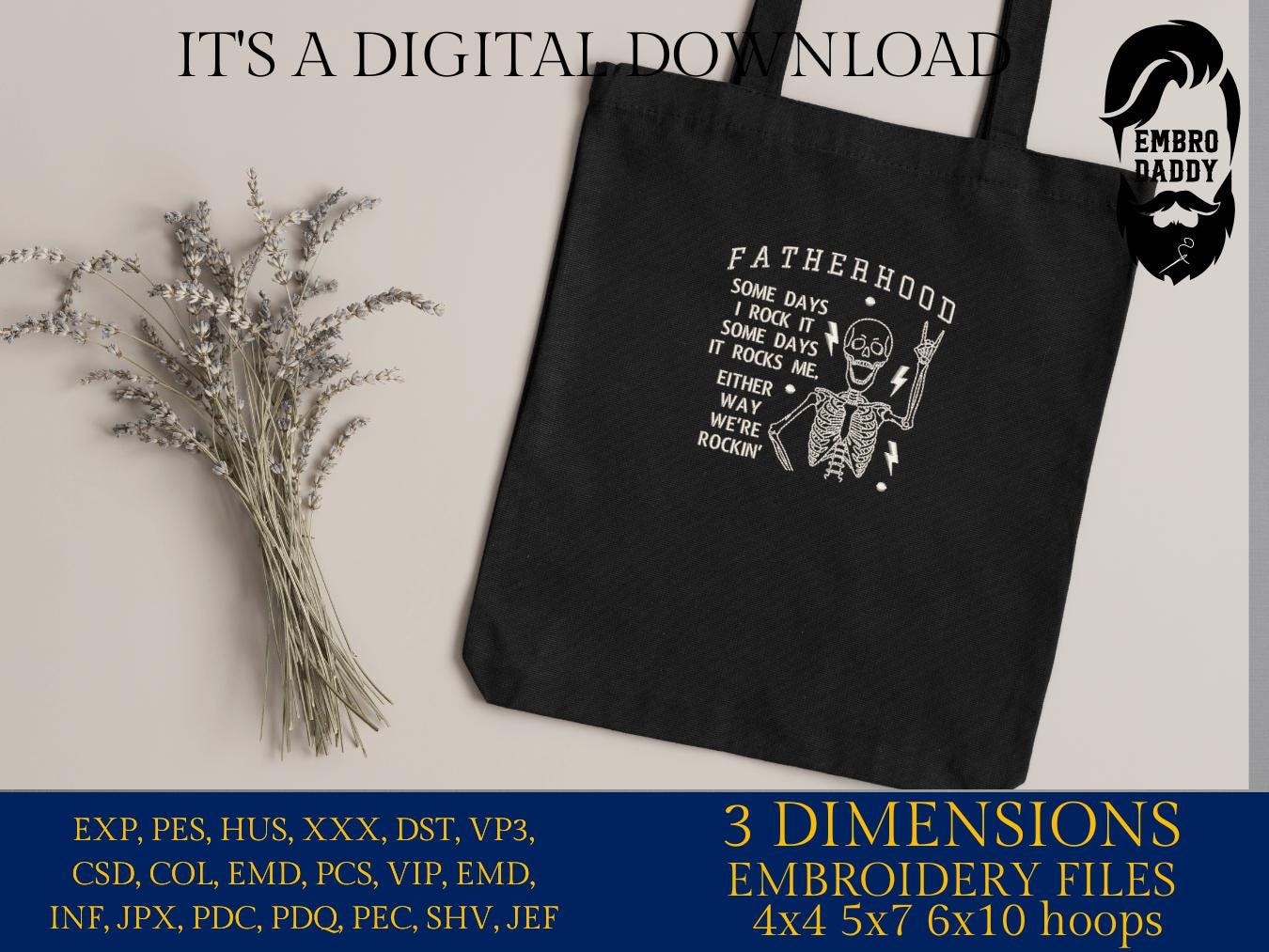 Machine Embroidery files, Fatherhood Skeleton Dad, Some Day I Rock It Some Day, Father’s Day, Skeleton, DST, PES, xxx hus & more