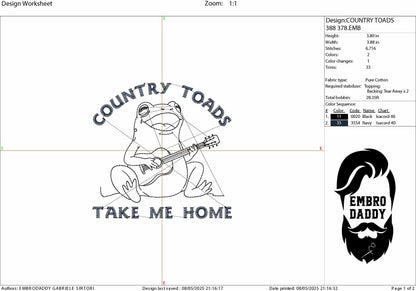 Machine Embroidery files, Country Toads Take Home To The Place I Belong, Funny Frog and Toad Digital, Funny Saying PES, DST, xxx, hus & more