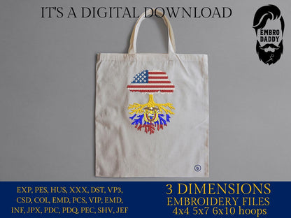 Machine Embroidery files, USA Tree Ecuador roots, PES, xxx, hus, dst & more