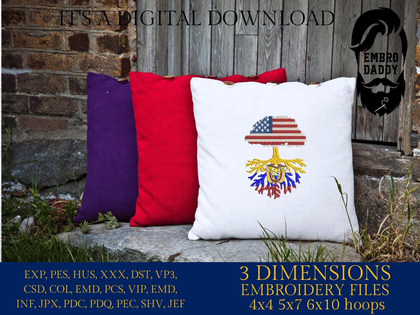 Machine Embroidery files, USA Tree Ecuador roots, PES, xxx, hus, dst & more