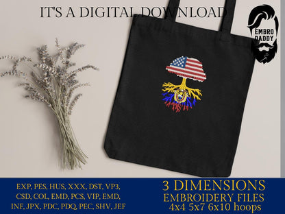 Machine Embroidery files, USA Tree Ecuador roots, PES, xxx, hus, dst & more