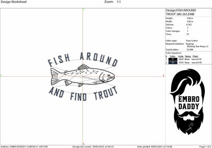 Machine Embroidery files, Fish Around And Find Trout, Good Fishing Puns, Fishing Memes, Funny Fisherman, PES, DST, hus & more