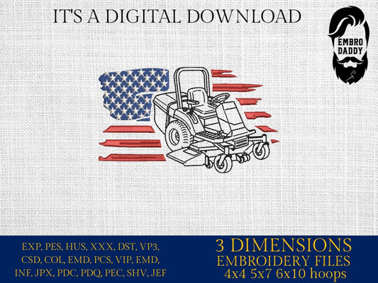 Machine Embroidery files, US Lawn Mower, Lawn Mower With Flag, Landscaping, PES, dst, xxx hus & more