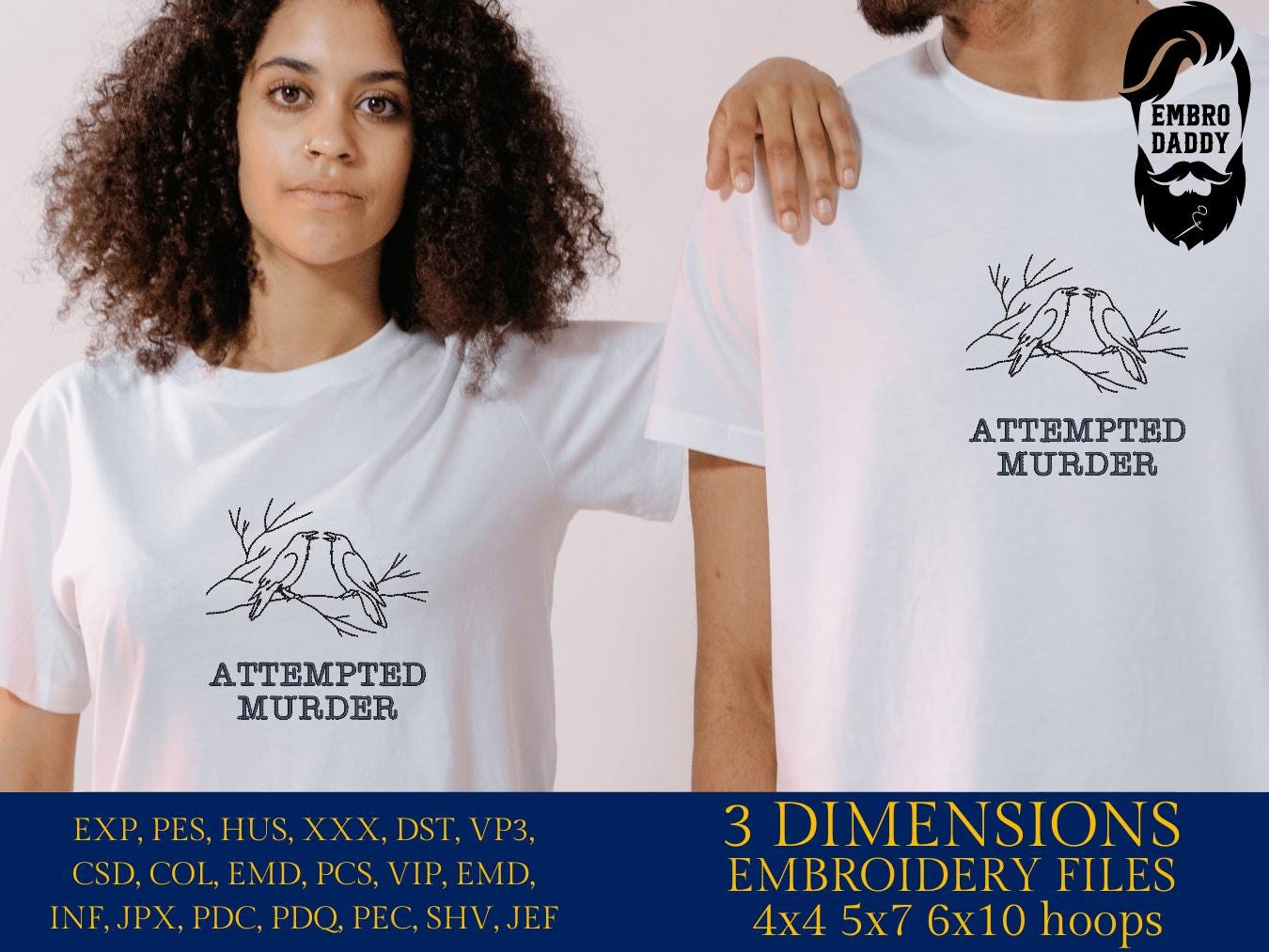 Machine Embroidery files, Attempted Murder, Murder of Crows, Pun, Funny, Spooky Bird Puns, PES, DST, xxx, hus & more