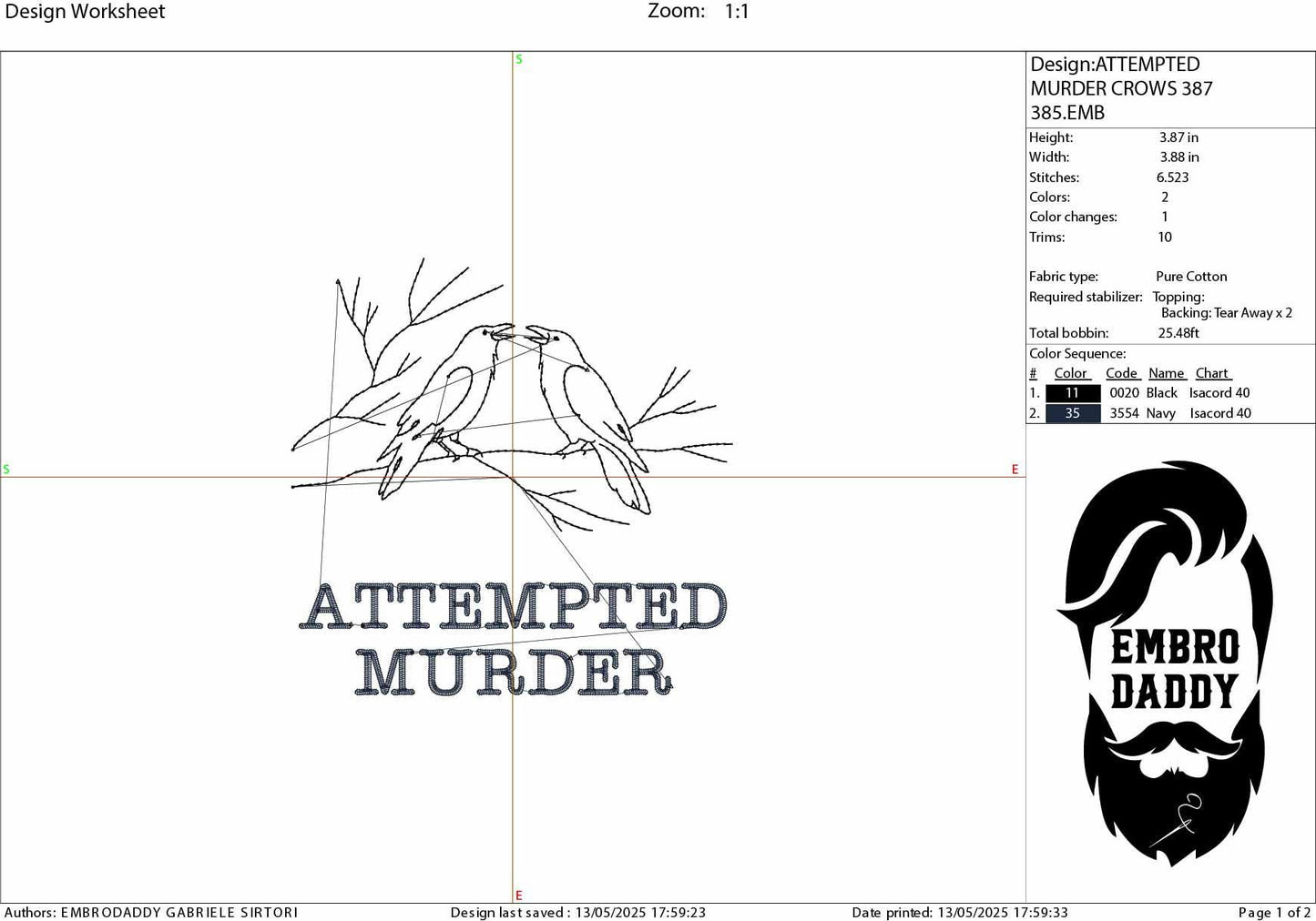 Machine Embroidery files, Attempted Murder, Murder of Crows, Pun, Funny, Spooky Bird Puns, PES, DST, xxx, hus & more