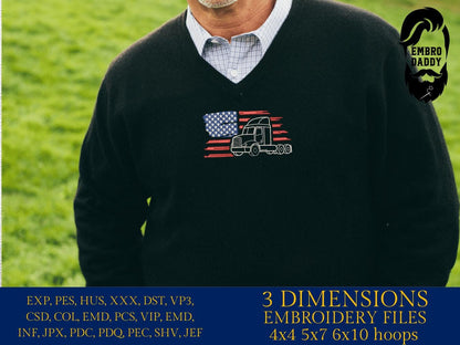 Machine Embroidery files, USA flag semi truck, PES, DST, xxx, hus & more