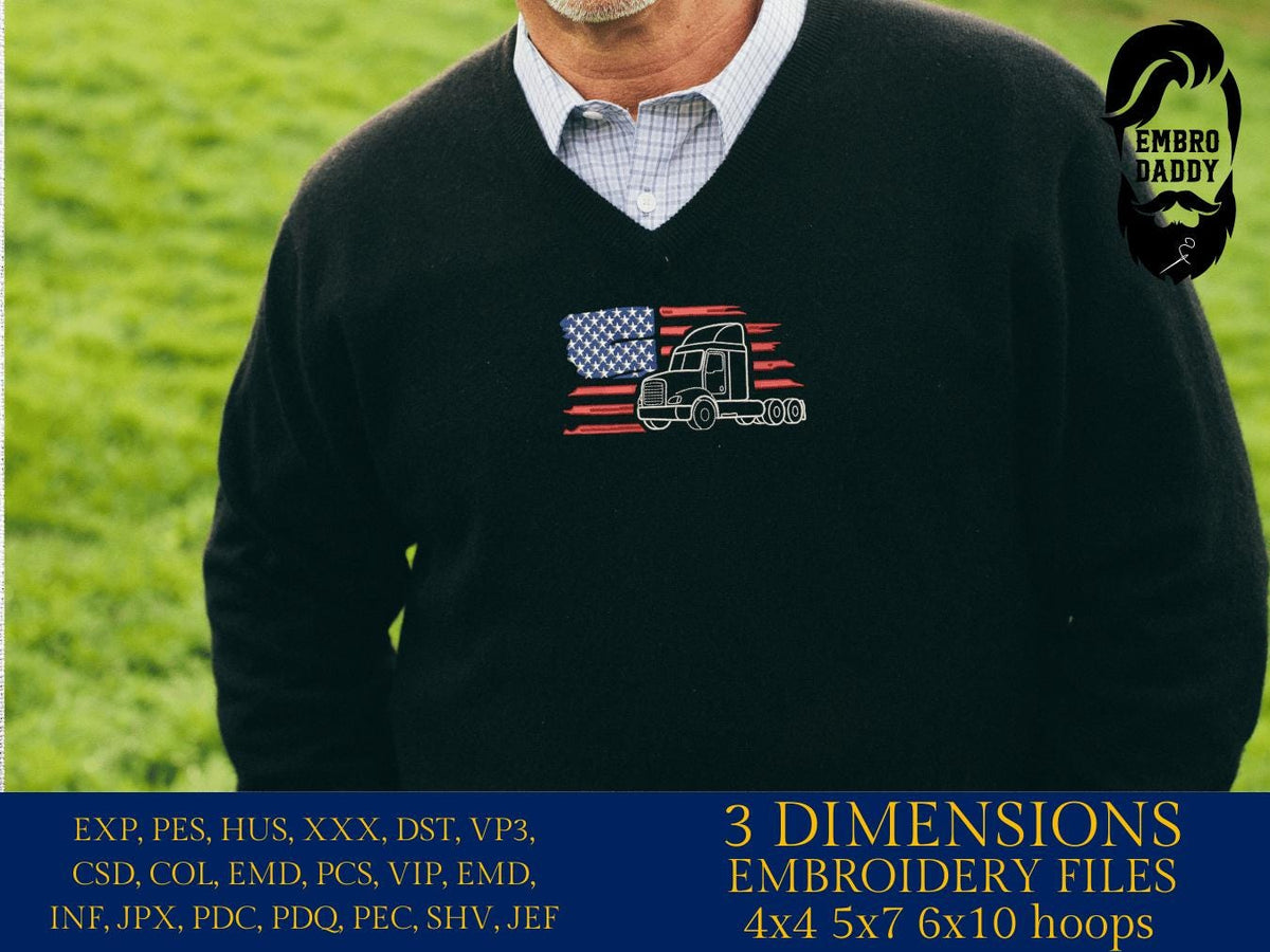 Machine Embroidery files, USA flag semi truck, PES, DST, xxx, hus & more