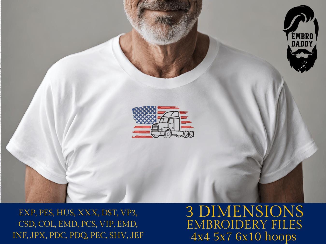 Machine Embroidery files, USA flag semi truck, PES, DST, xxx, hus & more