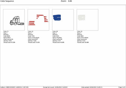 Machine Embroidery files, USA flag semi truck, PES, DST, xxx, hus & more