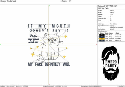 Machine Embroidery files, If My Mouth Doesn't Say It My Face Definitely Will, Funny Cat, Sassy Cat, Cat Meme, PES, DST, xxx, hus & more
