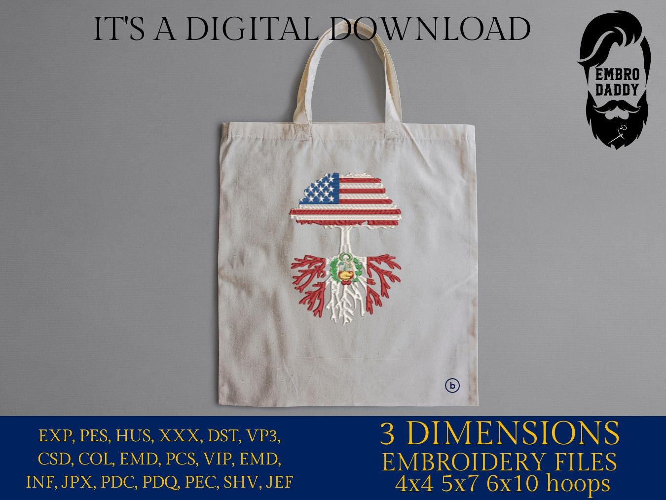 Machine Embroidery files, USA Tree Peru roots, PES, xxx, hus, dst & more