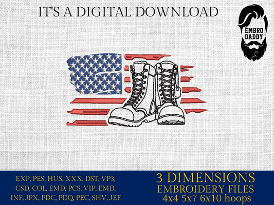 Machine Embroidery files, American Flag, Military Boots, Patriotic USA, Combat Boots PES, dst, xxx hus & more
