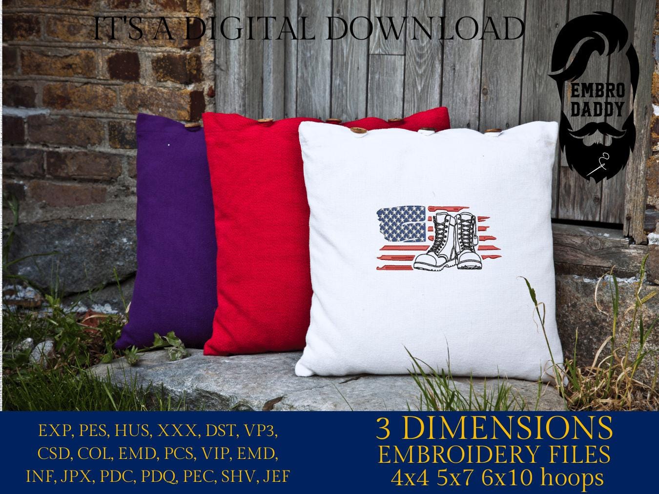 Machine Embroidery files, American Flag, Military Boots, Patriotic USA, Combat Boots PES, dst, xxx hus & more