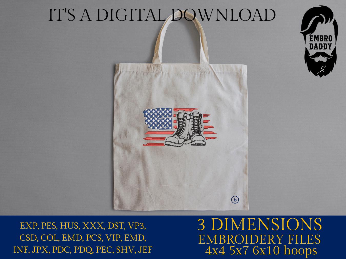Machine Embroidery files, American Flag, Military Boots, Patriotic USA, Combat Boots PES, dst, xxx hus & more