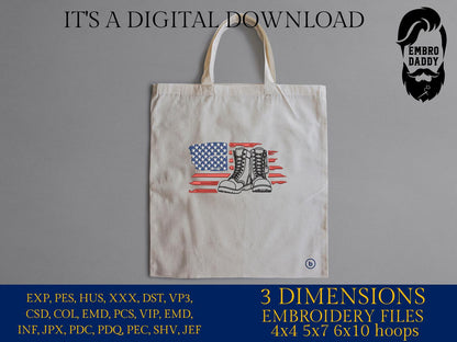 Machine Embroidery files, American Flag, Military Boots, Patriotic USA, Combat Boots PES, dst, xxx hus & more