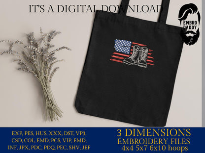 Machine Embroidery files, American Flag, Military Boots, Patriotic USA, Combat Boots PES, dst, xxx hus & more