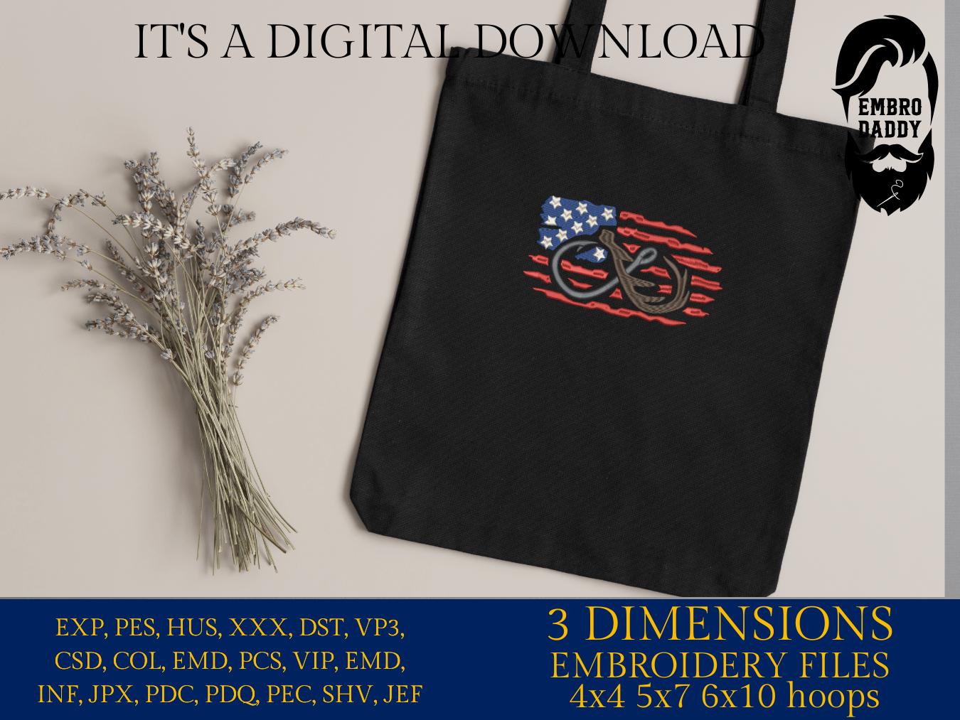 Machine Embroidery files, Fishing and Hunting American Flag, hook and antler, US flag, PES, DST, xxx, hus & more
