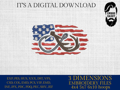 Machine Embroidery files, Fishing and Hunting American Flag, hook and antler, US flag, PES, DST, xxx, hus & more