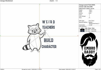 Machine Embroidery files, Weird Teachers Build Character, Funny Raccoon Design, Funny Teacher, Best Teacher, PES, xxx, hus & more