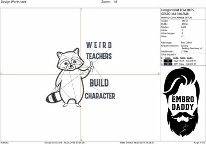 Machine Embroidery files, Weird Teachers Build Character, Funny Raccoon Design, Funny Teacher, Best Teacher, PES, xxx, hus & more