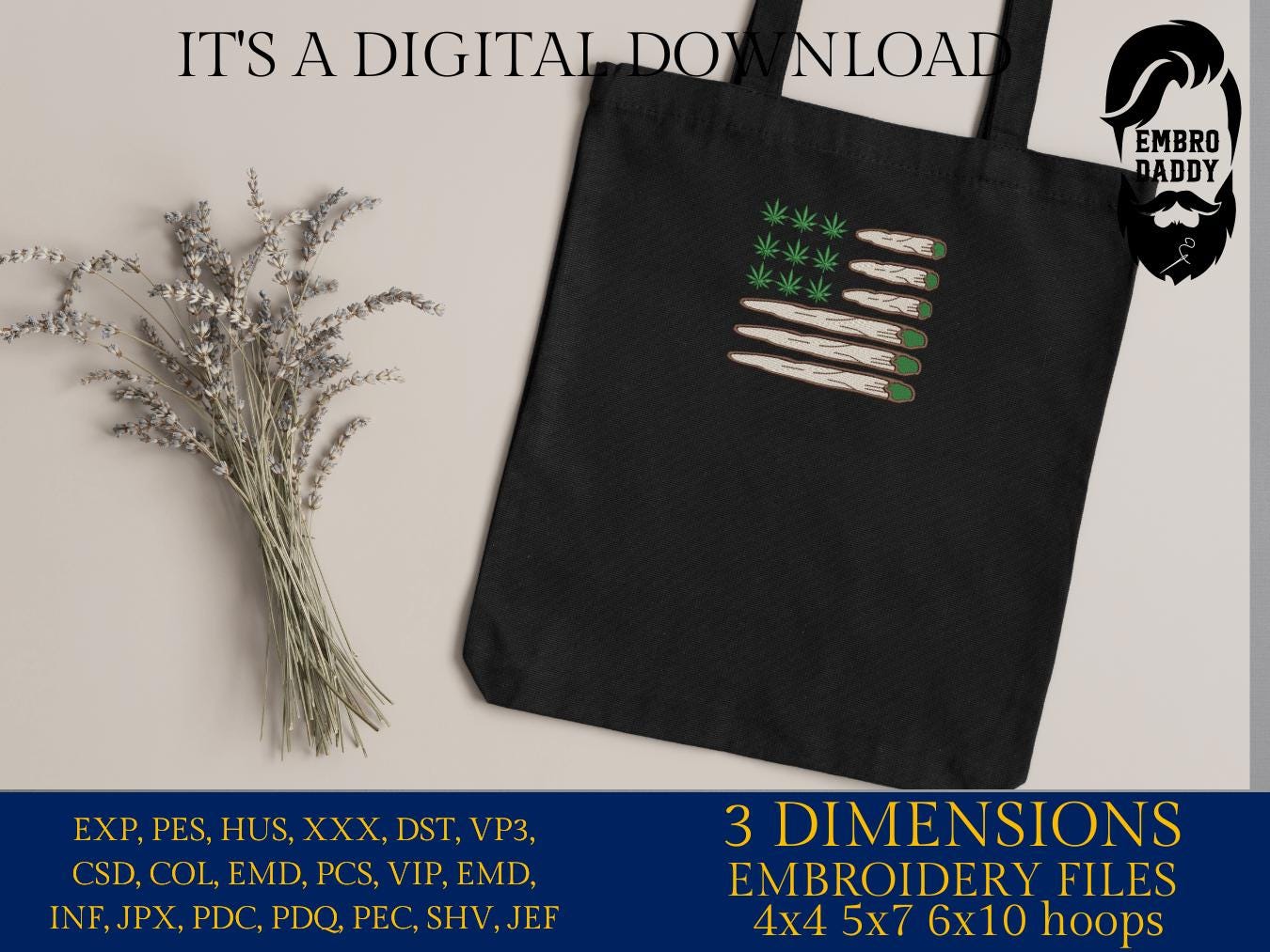 Machine Embroidery files, Marijuana Leaf, Joint, Blunt, USA, US Flag, Bud, Pot, Smoke, Weed, Cannabis, Hemp, PES, dst, xxx, hus & more