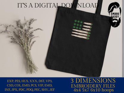 Machine Embroidery files, Marijuana Leaf, Joint, Blunt, USA, US Flag, Bud, Pot, Smoke, Weed, Cannabis, Hemp, PES, dst, xxx, hus & more