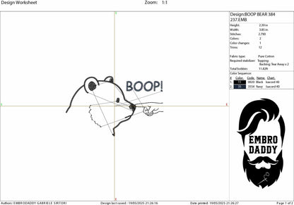 Machine Embroidery files, Boop! Bear Finger Touching Nose, Papa Bear, Black Bear, Funny Meme, PES, xxx, hus & more