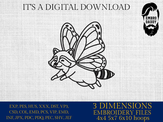 Machine Embroidery files, Adorable Raccoon, Animal, Hybrid Butterfly Wings, Forest Animals, Fairy, PES, DST, xxx, hus & more